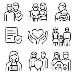 Guardianship and Care Icons. Outline style icons of Guardianship and Caregiving: legal guardian icon, elder care, temporary