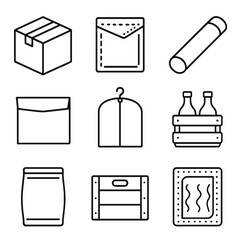 Packaging Icons. Outline style icons of Packaging Types: cardboard box, padded envelope, shipping tube, poly mailer, garment bag,