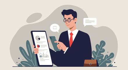 a man in a suit and glasses, engrossed in his smartphone, surrounded by plants and a speech bubble with text. Suitable for landing page, banner, marketing, web design, presentation, infographic, etc.