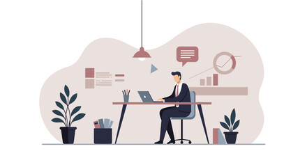 A modern flat design illustration depicts a businessman working diligently at his desk, surrounded by office elements, perfect for marketing and web design projects.