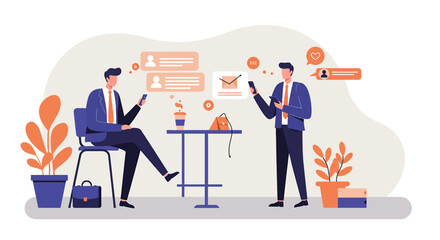 two individuals in business attire engaged in work-related activities, each holding a mobile device. Suitable for landing page, banner, marketing, web design, presentation, infographic, etc.