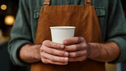 Barista holding takeaway coffee cup with warm, inviting ambiance in cozy cafe setting