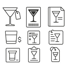 Cocktail Outline Icons. Outline style icons of Menu and Labeling for Cocktails: cocktail glass with label tag, drink name on label