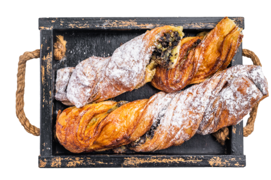 Roll pastry with Pistachios and chocolate, Danish Puff pastry isolated on white background. top view
