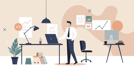 a man in a professional setting, standing at a desk with a laptop, surrounded by office supplies and a plant. Suitable for landing page, banner, marketing, web design, presentation, infographic, etc.