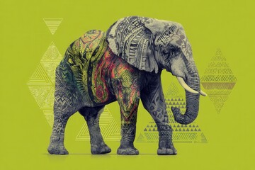 Majestic elephant showing colorful tribal tattoos on green background