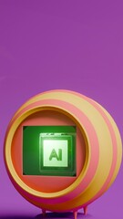 Round display frame on legs showing AI chip on purple background
