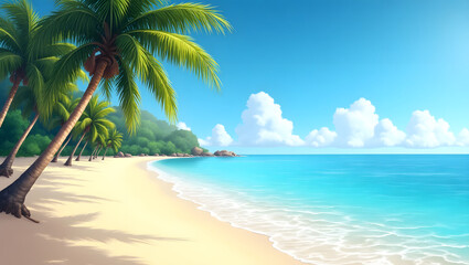 Obraz premium Idyllic Tropical Beach with Palm Trees and Crystal Clear Blue Ocean Water