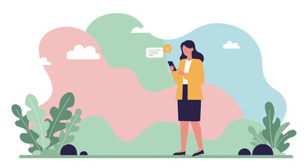 a woman standing in front of a plant with a speech bubble