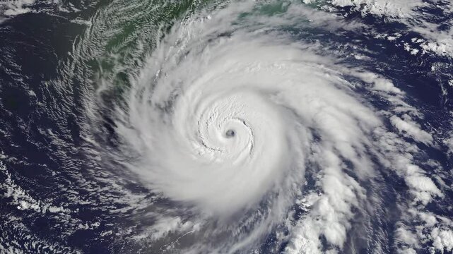 satellite view hurricane, revealing its swirling clouds, defined eye, and surrounding ocean
