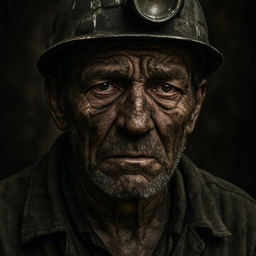Retrato de um homem mais velho, que trabalha em minas de carv&atilde;o, tem a express&atilde;o de cansado, rosto sujo, ambiente escuro. .