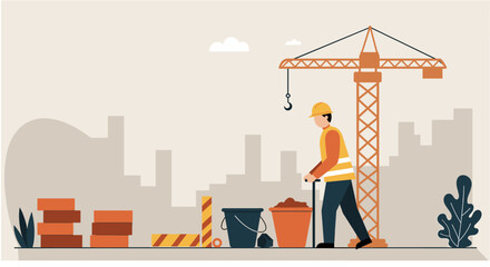 A flat design illustration presents a construction worker with a crane and city skyline, perfect for a marketing banner or website landing page promoting building services.