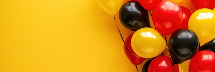 Belgian national day celebration background with red, black, and yellow balloons. Horizontal banner. Copy space. Red, yellow, black balloons on a yellow background