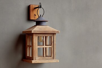 Stylish lantern on grey wall wooden hanging backdrop  
