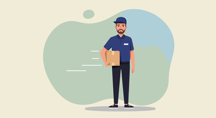 a delivery person in uniform holding a package, standing against a light green background with a blue outline. Suitable for landing page, banner, marketing, web design, presentation, infographic, etc.