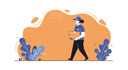 A delivery woman carrying a package is depicted in a modern flat illustration style, suitable for web design, banners, and marketing materials, with a vibrant color palette.