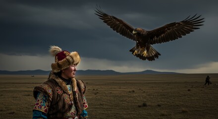 Naklejka premium Golden Eagle Hunter on the Mongolian Steppe
