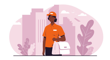 Friendly delivery woman in orange uniform carrying a bag, standing in front of a city background, ideal for landing page banners, marketing materials, and web design projects.