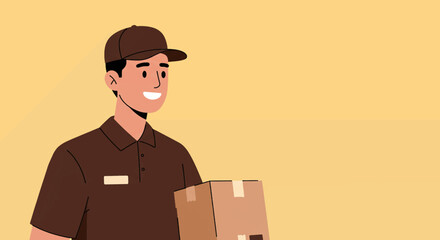 A cheerful delivery man is holding a package in a flat design illustration style, ideal for landing pages and marketing banners with ample space for text.