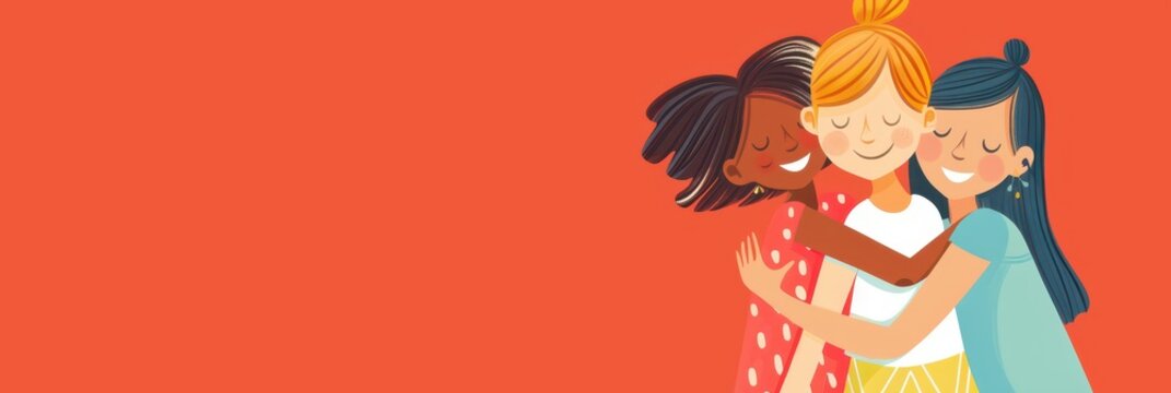 Celebrating international friendship day with diverse smiling friends hugging. Horizontal banner. Copy space. Flat illustration. Free space for text - Powered by Adobe