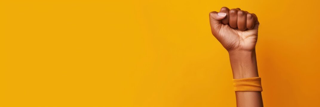 Celebration of international left handers day with raised fist on yellow background. Horizontal banner. Copy space. A left hand on a yellow background - Powered by Adobe