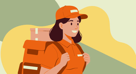 A cheerful female delivery worker in an orange uniform carries packages, representing efficient e-commerce logistics in a modern flat design illustration.