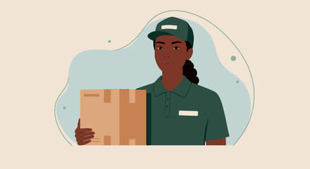 a delivery person wearing a green uniform and cap, holding a cardboard box. Suitable for landing page, banner, marketing, web design, presentation, infographic, etc.