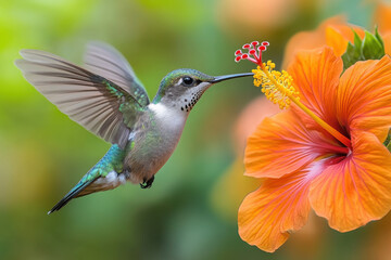Fototapeta premium Hummingbird gracefully approaching a flower.