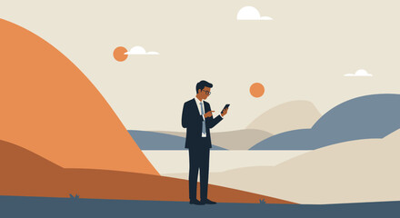 a man in a suit standing in a landscape with mountains and clouds, looking at his phone. Suitable for landing page, banner, marketing, web design, presentation, infographic, etc.