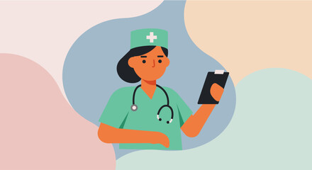 Friendly female doctor using digital tablet, flat design illustration perfect for healthcare websites, landing pages, banners, and marketing presentations.
