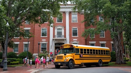 Obraz premium Yellow school buses in different urban and school settings. AI generated image