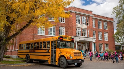 Obraz premium Yellow school buses in different urban and school settings. AI generated image