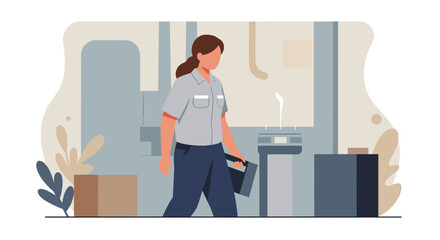 A female worker in a factory setting, illustrated in a flat design style, is walking with a toolbox past industrial equipment, conveying a sense of production and web design.