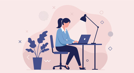 Flat design illustration of a woman working on her laptop at her desk, perfect for a landing page banner, marketing presentation, or web design project needing a modern and professional touch.