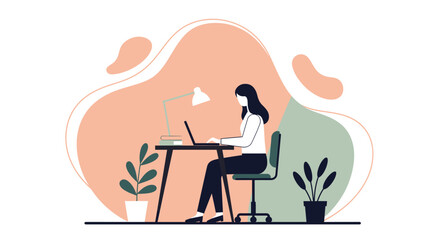 A woman is working on her laptop in a modern, minimalist home office, creating a presentation, designing a webpage, or developing an infographic for a business landing page.