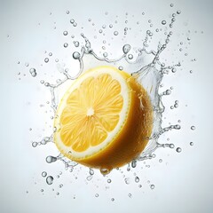 Fresh lemon in Motion with Water Droplets capture of fresh ripe lemon High Speed Photography, A whole and halved suspended in mid-air with water droplets showcasing freshness