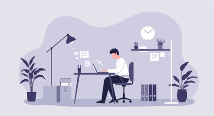 Modern flat design illustration of a person working on a laptop at a desk in a stylish home office with plants and decor.