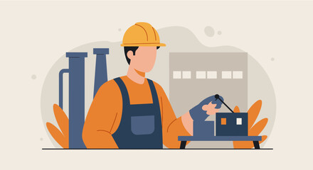 A detailed flat design illustration portrays an industrial worker actively operating machinery within a modern factory environment, perfect for web design and marketing materials.