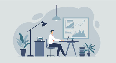 Modern flat design illustration of a businessman working on a laptop in a contemporary office with charts on the wall.