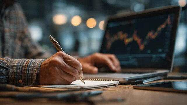 A person analyzes stock graphs on a laptop and writes in a notebook with a pen.  Close-up on hands and technology
