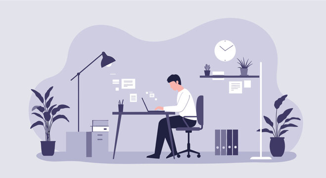 Modern flat design illustration of a person working on a laptop at a desk in a stylish home office with plants and decor.
