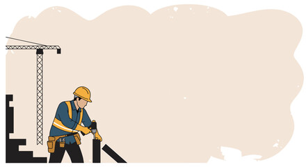 A construction worker in a hard hat is working on a building site with a crane in the background, suitable for a construction company landing page or banner.