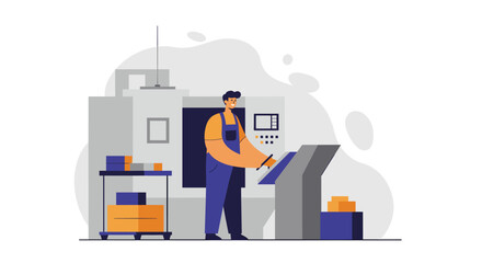 a man operating a machine in a factory setting, surrounded by various equipment and materials. Suitable for landing page, banner, marketing, web design, presentation, infographic, etc.