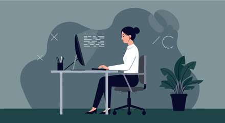 A professional woman works diligently at her desk, immersed in web design and marketing tasks, with a modern flat design aesthetic, creating a compelling presentation for the company.