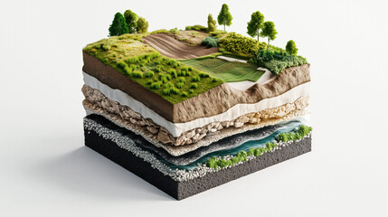 3D layered cross section of ecosystem with farmland and geology. Sustainable earth and natural environment isolated on white