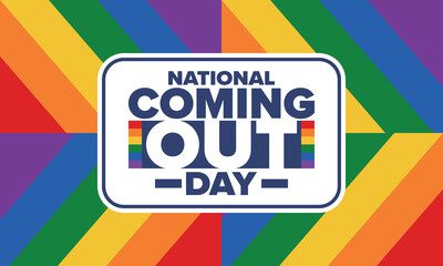 National Coming Out Day. Happy holiday. Pride month. LGBT rainbow flag. Diversity and equality. Gay and lesbian. Free love, heart shape. Illustration. Vector poster