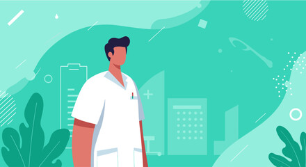 A modern flat design illustration features a confident doctor standing against a vibrant teal background, ideal for a medical website landing page or presentation.
