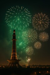 Pakistan independence day celebration background with fireworks.