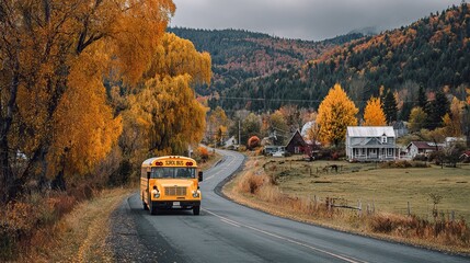 Yellow school bus is picking up children in a suburban neighborhood at sunrise. AI generated image