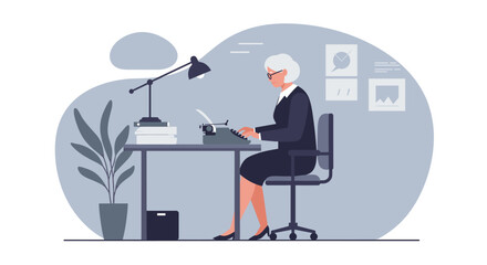 an elderly woman typing on a typewriter at a desk, with a lamp, plant, and office supplies in the background. Suitable for landing page, banner, marketing, web design, presentation, infographic, etc.
